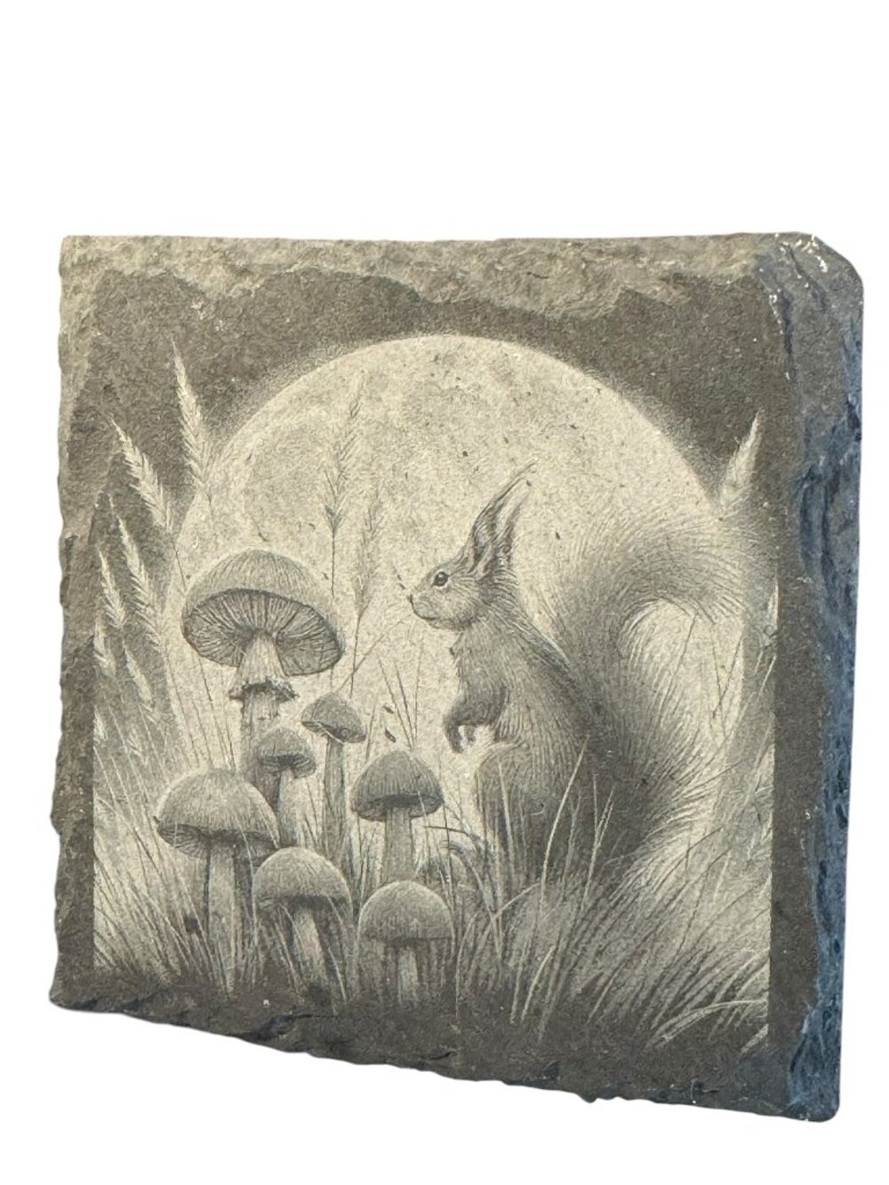 Engraved Slate Rock Coaster with Squirrel and Mushroom Moonlit Forest Design,